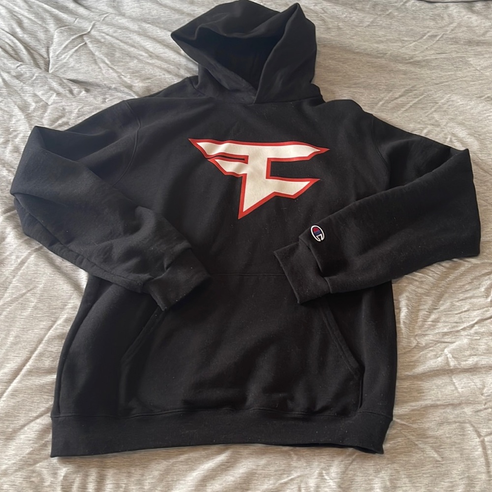 Champion Black Hoodie with White and Red Logo